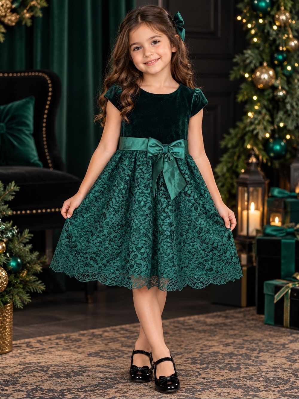 Jona Michelle Girls Size 7 Emerald Velvet Lace Holiday Party Dress EUC